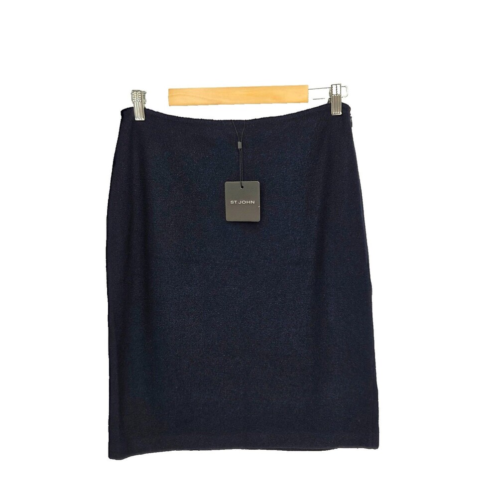 New St. John Metallic Navy Shimmer Santana Knit Pencil Skirt Knee Length Size 8